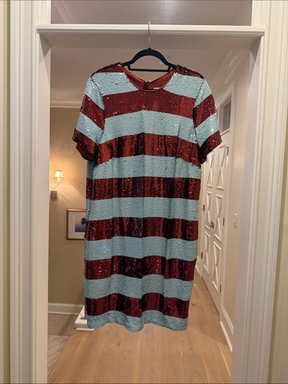 Anthropologie Striped Sequin Shift Dress in Light Blue and Burgundy(bw)